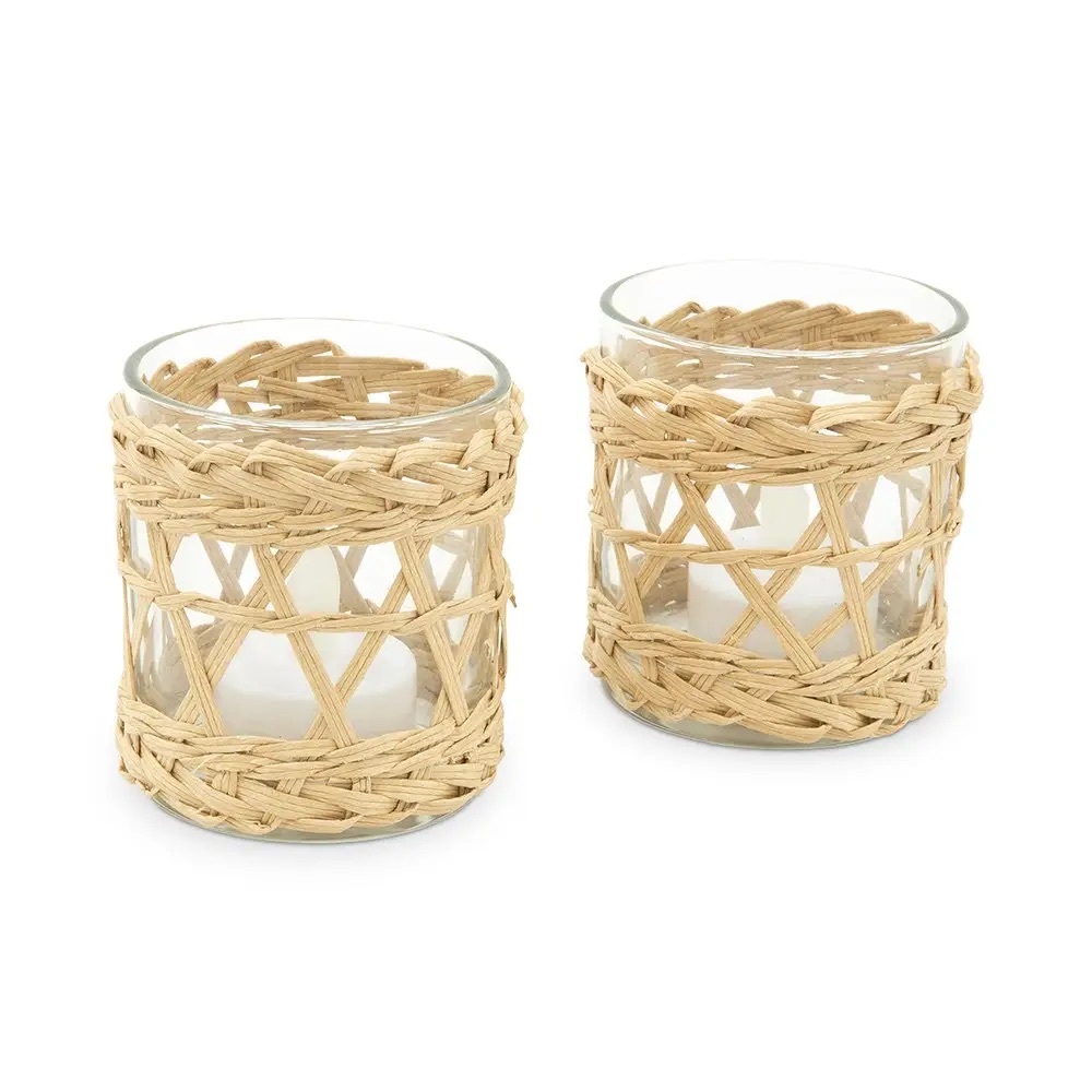Rattan and glass votives set of 2
